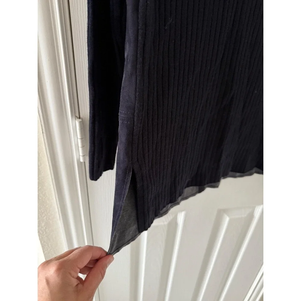 Tory Burch Molly Leather Front Merino Wool Mock Neck Sweater Navy Women's Medium